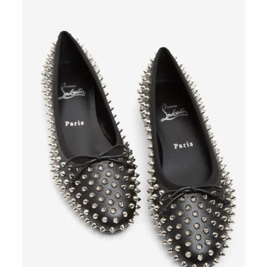 Christian Louboutin Black Leather Spiked Ballet Flats With Bow -100% Authentic!